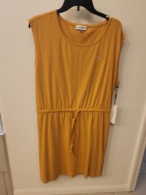 Calvin Klein Mustard Yellow Sleeveless Midi Dress with Drawstring Waist